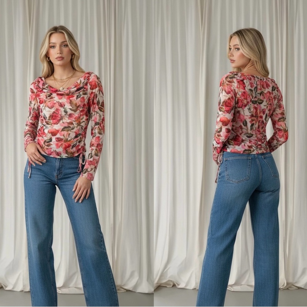 SHEIN Pink Floral mesh long sleeve ruched Top